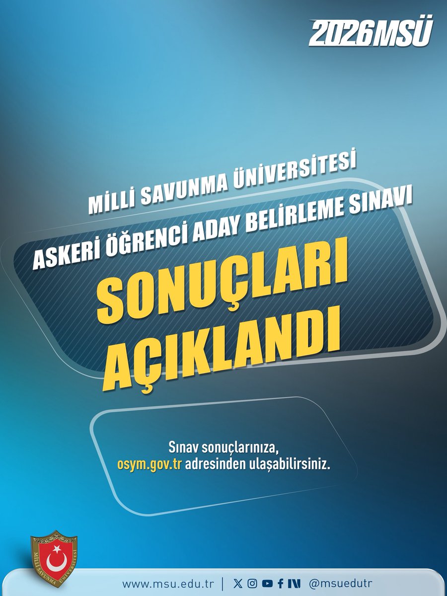 TuranAslann's tweet photo. Milli Savunma Üniversitesi Askerî Öğrenci Aday Belirleme Sınavı (2026-MSÜ) sonuçları açıklandı.

Sınav sonuçlarınıza https://t.co/PUYmQAl4QE adresinden ulaşabilirsiniz.
#yks #msü2026
#msu #msuniverse #msü

Sınav sonuçlarınıza https://t.co/PUYmQAl4QE adresinden ulaşabilirsiniz. https://t.co/C4q3XjvnwF