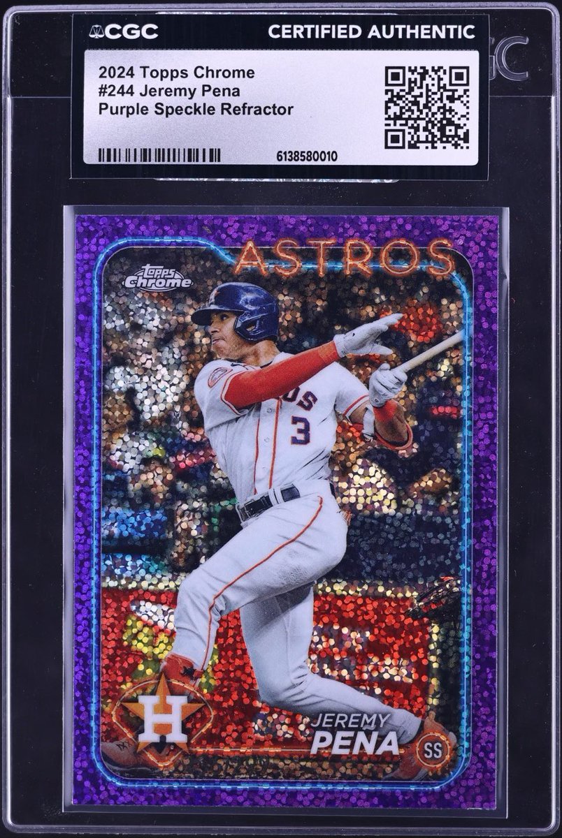 CleskeyC's tweet photo. 🔥 Auction alert on Fanatics Collect: 2024 Topps Chrome #244 Jeremy Peña Purple Speckle Refractor! /299 parallel, CGC Certified Authentic & slabbed (CGC #6138580010). That purple sparkle is electric—must-have for Astros fans, refractor collectors, and Peña PC builders! 🌟⚾  

Bid now before it ends! Link: 
https://t.co/CgsolaDxOB

#JeremyPena #ToppsChrome #Astros #Sportscards #CardAuction #FanaticsCollect