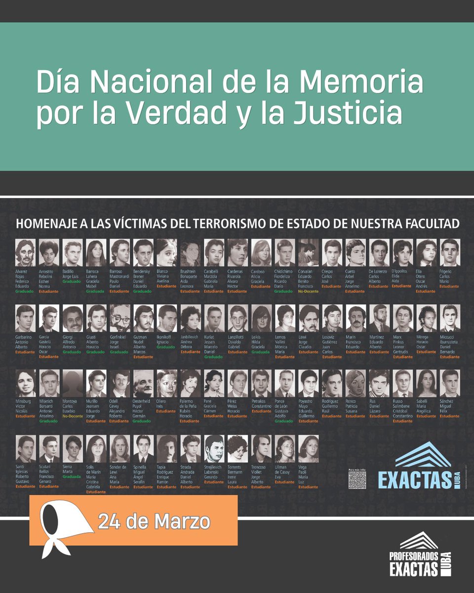 ProfesoradosExa's tweet photo. Como todos los 24 de marzo, desde los Profesorados de Exactas renovamos el compromiso con la Memoria, la Verdad y la Justicia.

Enseñar ciencia no es solo transmitir datos: es formar pensamiento crítico, cuestionar dogmas y buscar la verdad con evidencia y rigor. https://t.co/q6nSA2f1Hs