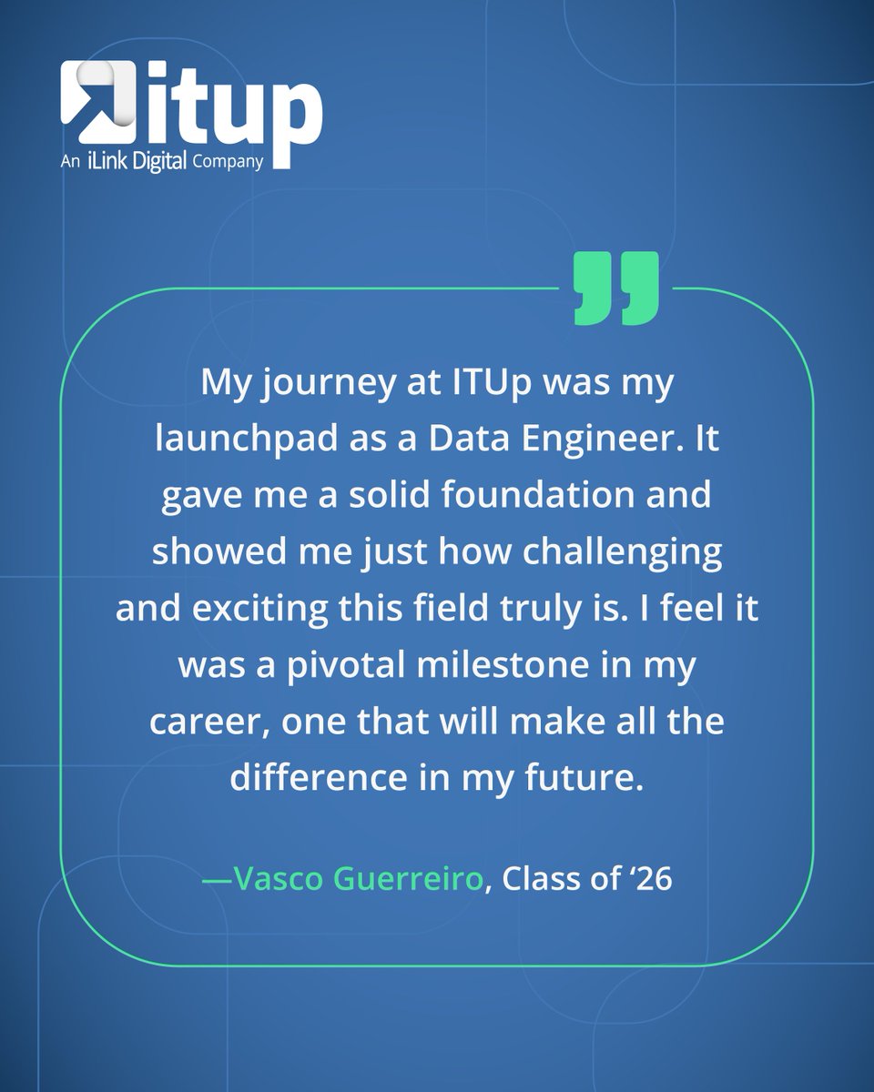 _ITUp_'s tweet photo. Meet Vasco Guerreiro, our latest Data Engineering Bootcamp graduate. 🎓 Vasco used his time at ITUp as a launchpad, building a solid foundation to tackle the most exciting challenges in Data Engineering. 📈💻

Congrats on this pivotal milestone, Vasco! 👏

#itup #DataEngineering https://t.co/uvGB4B38Qk