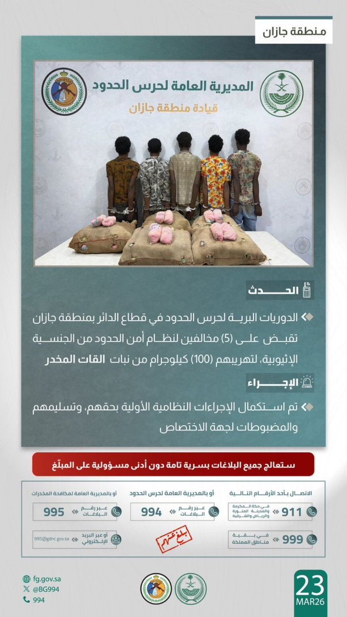 القبض على 5 إثيوبيين في جازان لتهريب 75 كجم من نبات القات