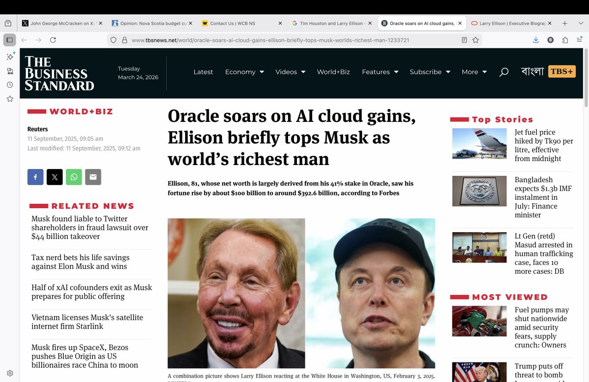 BigJMcC's tweet image. 2/2 Tim Houston and Karen Oldfield's new BFF.

Sept. 2025: Larry Ellison, 81, whose net worth is largely derived from his 41% stake in @Oracle, saw his fortune rise by about $100B to around $392.6B, according to @Forbes.

#OPOR #NSHealth #RampUp #NSPC tbsnews.net/world/oracle-s…