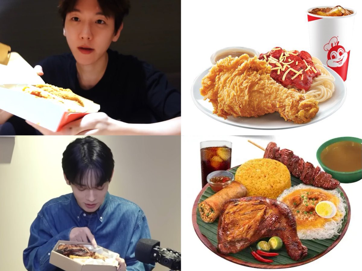 The BAEKCHEN (Filipino) Meal ❤️💙

Baekhyun - Jollibee, 1pc Chicken with Spaghetti (C3)
Jongdae - Mang Inasal, Chicken Inasal &amp; 1 pc Pork BBQ Solo Fiesta
