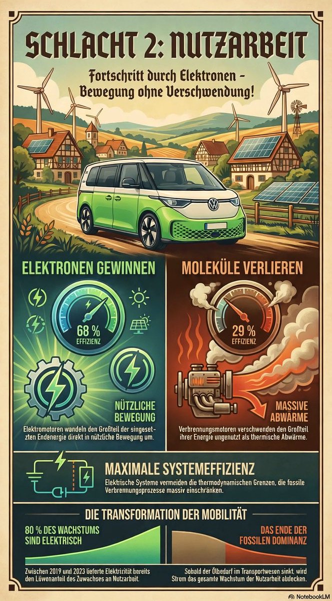 Iran sperrt die Straße von Hormus.  
20 % des Weltöls stecken fest.  
Ölpreise explodieren. Tankstellenpreise auch.  

Und wir fahren immer noch mit Verbrennern, die 71 % der Energie als Abwärme verpuffen?  

68 % Effizienz beim Elektromotor.  
29 % beim Verbrenner.  

Der