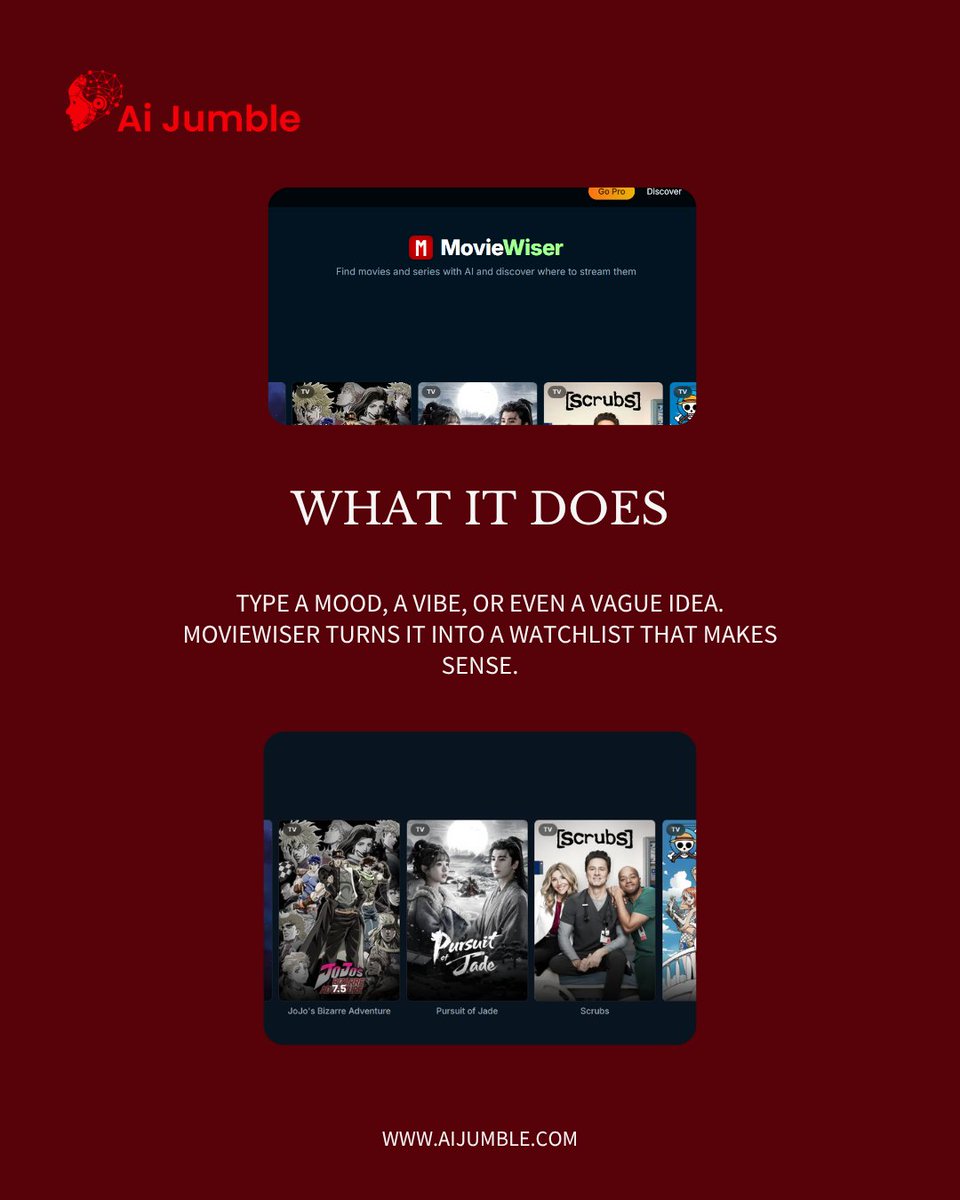JumbleAi's tweet photo. Too many options, still nothing to watch?

MovieWiser uses AI to understand your mood and suggest what actually fits.

Less scrolling. Better watching with AI.

#aitools #whattowatch #techtrends #contentdiscovery https://t.co/laPmYhVb8Y