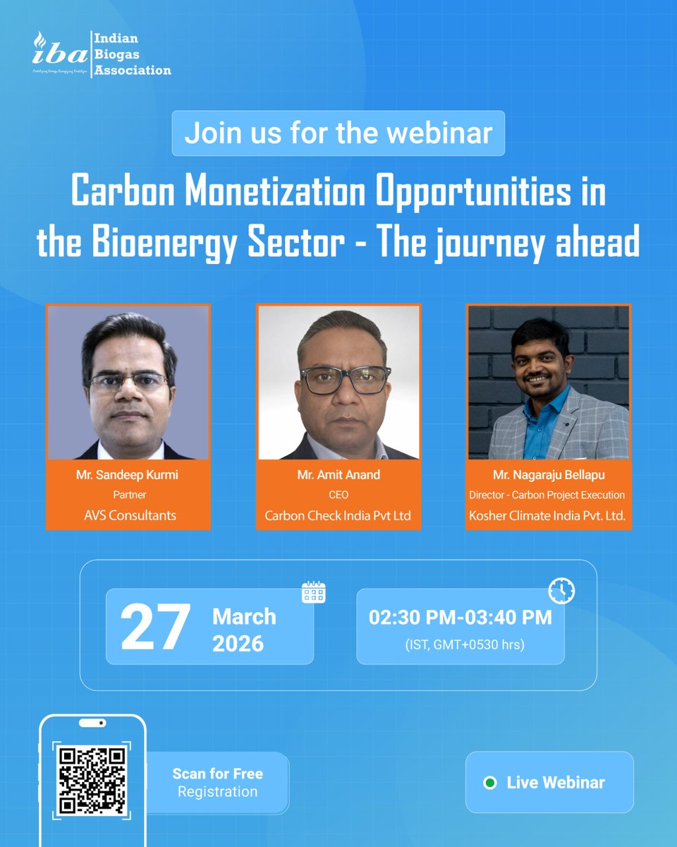 biogasindia's tweet image. IBA invites you to join the webinar on Carbon Monetization Opportunities in the Bioenergy Sector: The Journey Ahead.

🗓 27 March 2026
🕒 02:30 PM–03:40 PM (IST, GMT+0530 hrs)

🔗 Register: events.teams.microsoft.com/event/bdc2fed3…

#Bioenergy #CarbonMarkets #Webinar
