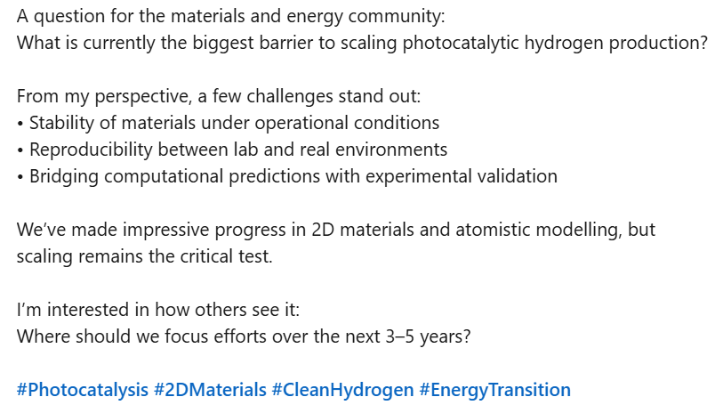 mostafa7_14's tweet photo. A question for the materials and energy community:
What is currently the biggest barrier to scaling photocatalytic hydrogen production? https://t.co/uwdKzHpuVN