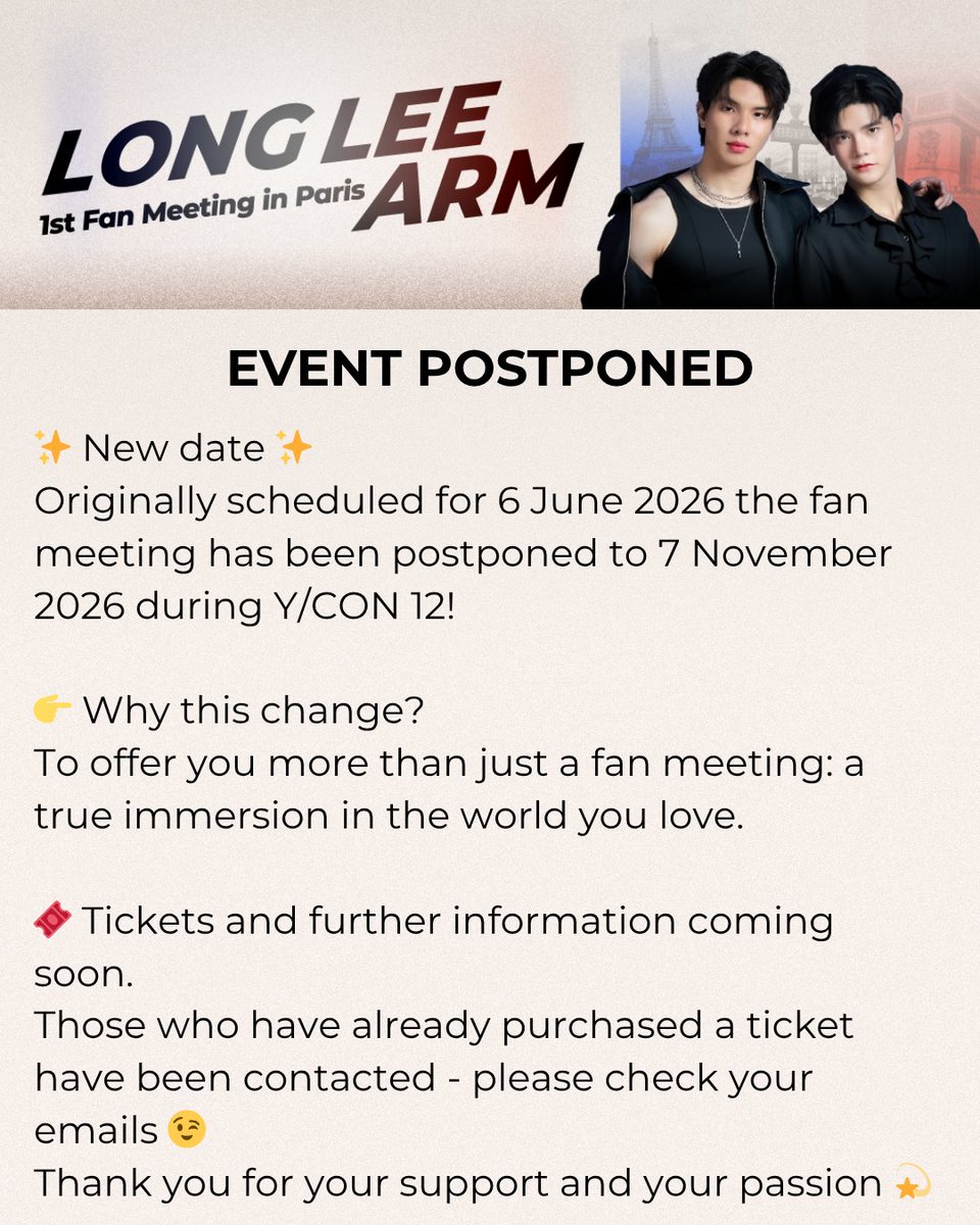 asiaartistinfo's tweet photo. 🇬🇧 ✨ ANNOUNCEMENT – NEW DATE &amp; ENHANCED EXPERIENCE ✨

The Long Lee &amp; Arm fan meeting, originally scheduled on 6 June 2026, has been postponed to 7 November 2026 and will be part of Y/CON 12

@kongthupsPdc @kongthupsArtist @MEV_MeetAsia @yconfrance https://t.co/sKB35V73ci