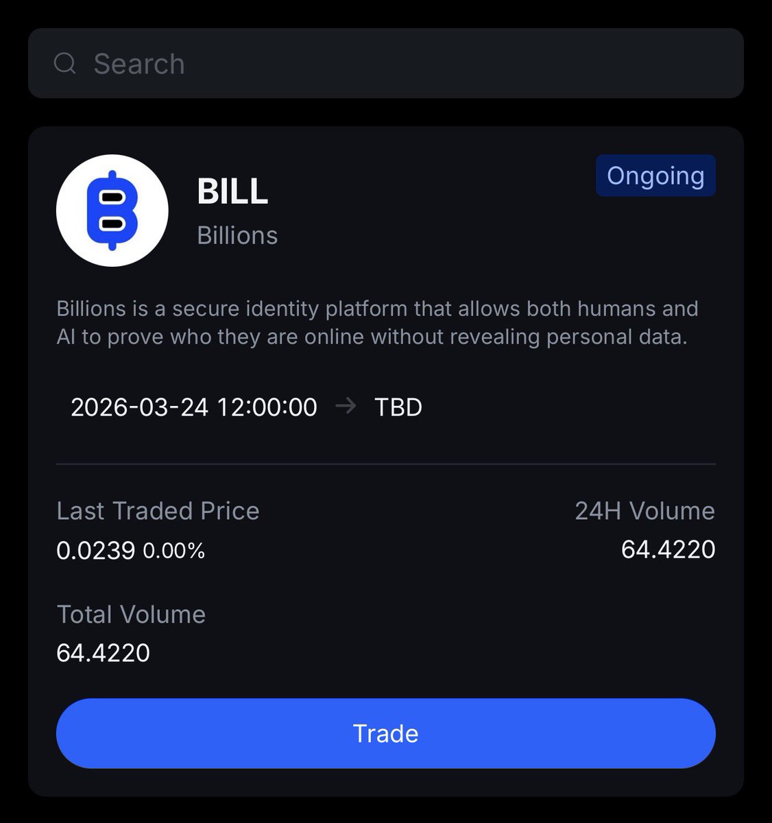 lolasearcher's tweet photo. Wow 

Token $BILL is available on the MEXC pre-market

I suppose, TGE will happen soon. https://t.co/t32pEIjEG3