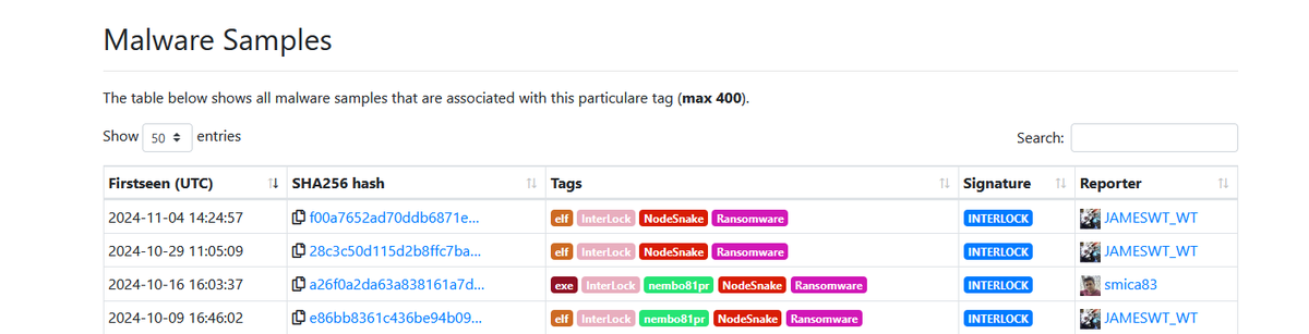 JAMESWT_WT's tweet image. Some #Interlock #ransomware gang Related Samples
👇
bazaar.abuse.ch/browse/tag/172…

Extra👇
bazaar.abuse.ch/browse/tag/Nod…
