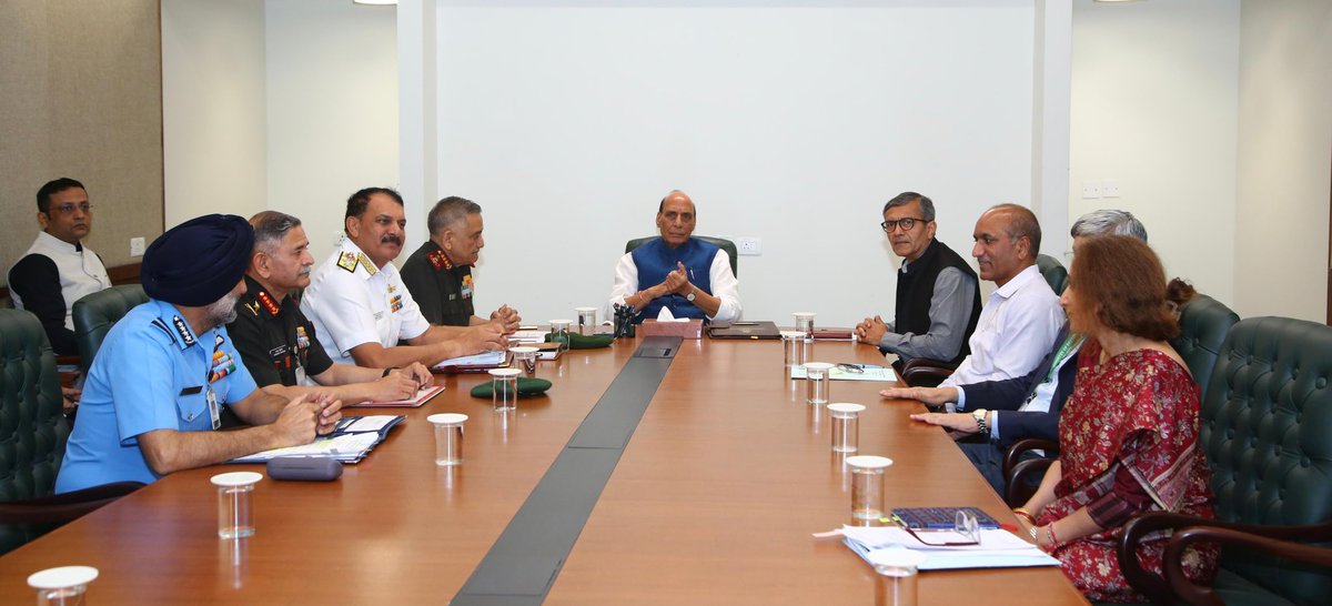 DefenceMinIndia's tweet photo. Raksha Mantri Shri @rajnathsingh reviews West Asia situation &amp; its effect on India’s defence preparedness. 

https://t.co/cRZO5y2yPw https://t.co/H9V7Tr4moq