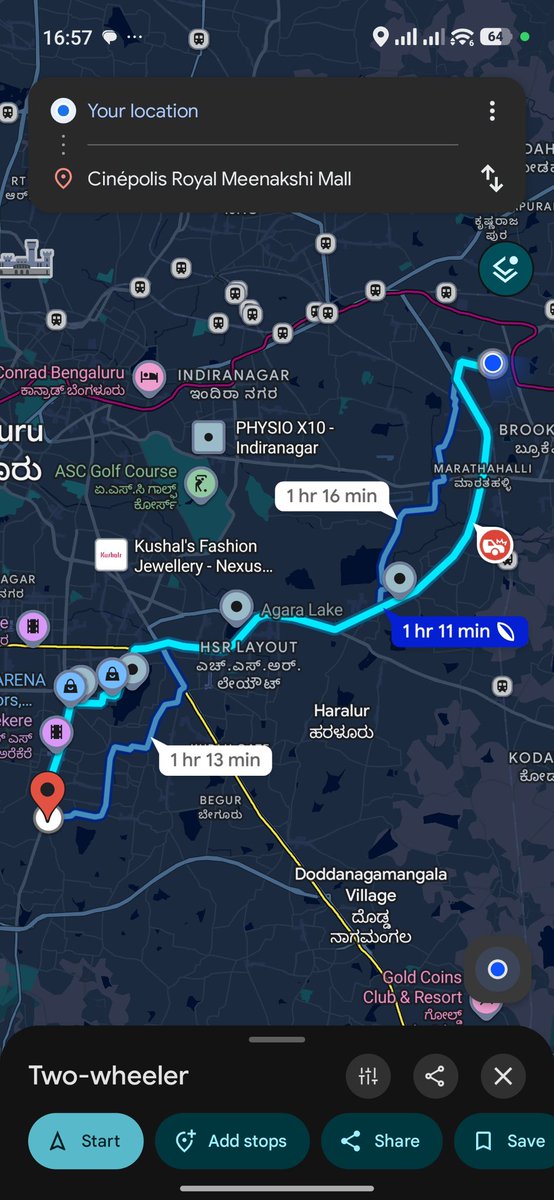 Ecstatic_Rohit's tweet photo. Bengaluru’s notorious traffic on Outer Ring Road showing as completely “BLUE” in G-Maps (for 2-wheelers).
Like seriously 🤷‍♂️ @googlemaps @GoogleIndia  Completely misguiding commuters through Google Maps. 😒 https://t.co/YPOPFf91bK