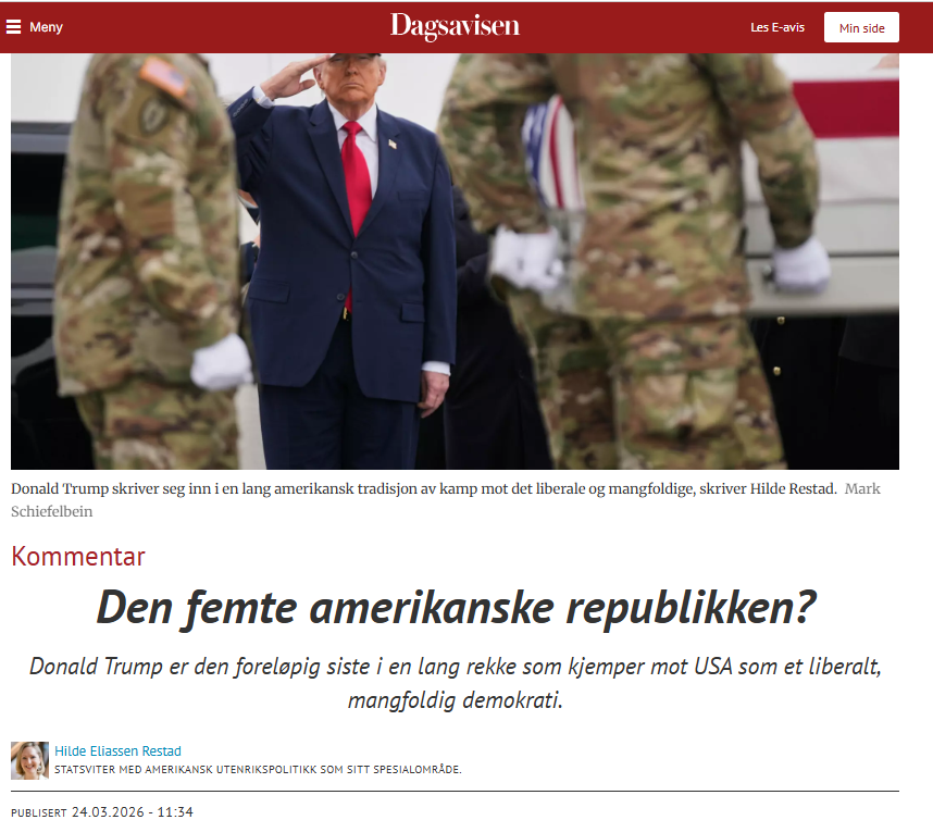 hilderestad's tweet photo. Det har vært ti år med umettelig norsk appetitt på amerikansk politikk. Alle følger med på nyhetene, alle vil snakke om det Trump har sagt og gjort de siste dagene. Men jeg er redd for at i all støyen går vi glipp av signalet. Forstår vi hva vi lever igjennom? -> https://t.co/8s0acXbGoj