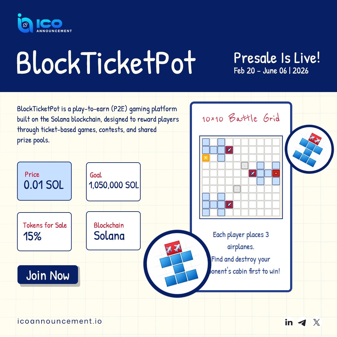 ICOAnnouncement's tweet image. Play, earn, and win big with BlockTicketPot ( $01POT ) - secure your early spot in the next GameFi wave on Solana!

Explore More: icoannouncement.io/crypto-presale…

#GameFi #PlayToEarn #CryptoGaming #Web3Gaming #Crypto #Solana #CryptoPresale