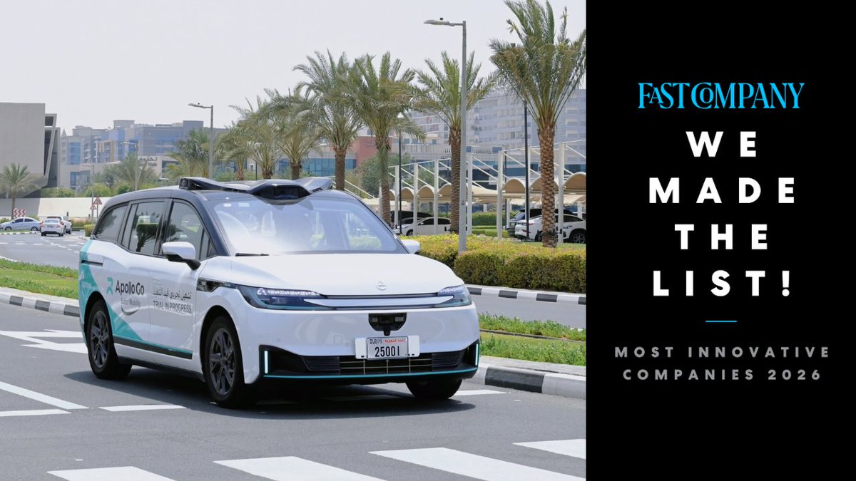 Baidu_Inc's tweet photo. 20M rides and still counting!

We're honored to be ranked No. 2 in the automotive category on @FastCompany's 2026 Most Innovative Companies list. Through Apollo Go, we're scaling driverless robotaxi technology around the world. 

#FCMostInnovative https://t.co/NJSs3N3Vck