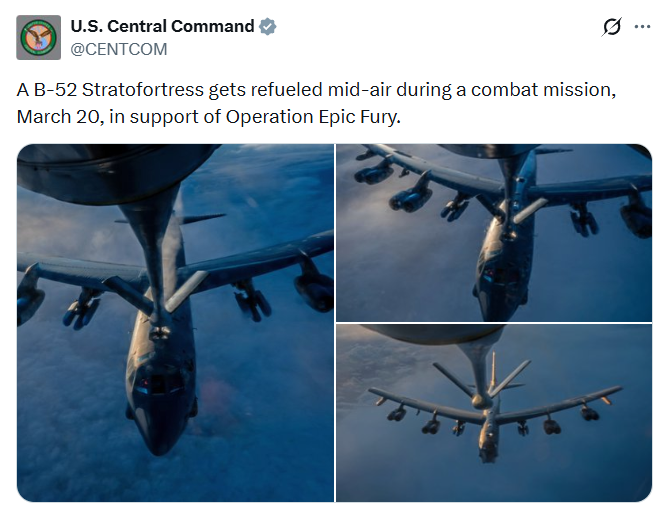 uniindianews's tweet image. A B-52 Stratofortress gets refueled mid-air during a combat mission, March 20, in support of Operation Epic Fury: US Central Command

@CENTCOM | #USCentralCommand | #US | #OperationEpicFury | #UNI