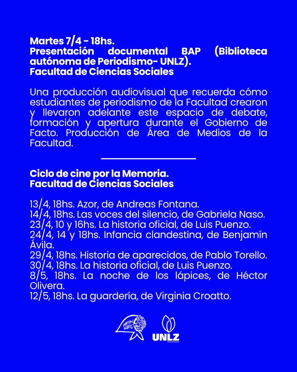 UNLZoficial's tweet photo. La UNLZ tiene Memoria
En el marco de los 50 años del Golpe de Estado, realizaremos actividades académicas, culturales y de extensión orientadas a reflexionar sobre la memoria colectiva, los DDHH y el compromiso con la democracia.
👉🏽 Las propuestas son abiertas a la comunidad. https://t.co/tENkgqQlA7