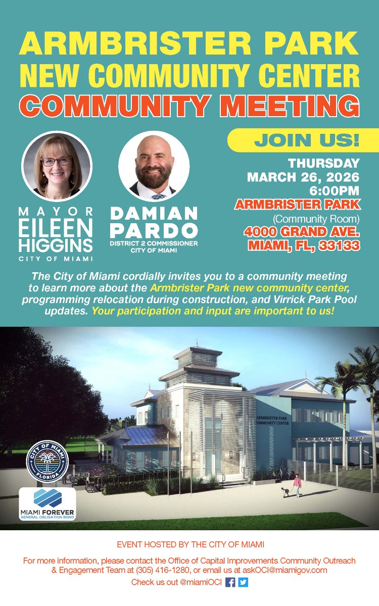 MiamiOCI's tweet photo. Join us this Thursday at 6:00pm for the Armbrister Park New Community Center Community Meeting! For those who are unable to attend in-person, this meeting will also be held via Zoom. Click the link below to enter the meeting on the day of the event.  https://t.co/AUfWGxg1ad https://t.co/0wwXc87EGS