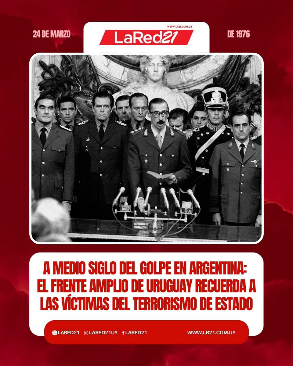 A medio siglo del golpe en Argentina: el Frente Amplio de Uruguay recuerda a las víctimas del terrorismo de Estado
lr21.com.uy/politica/14934…

#NuncaMás #Argentina