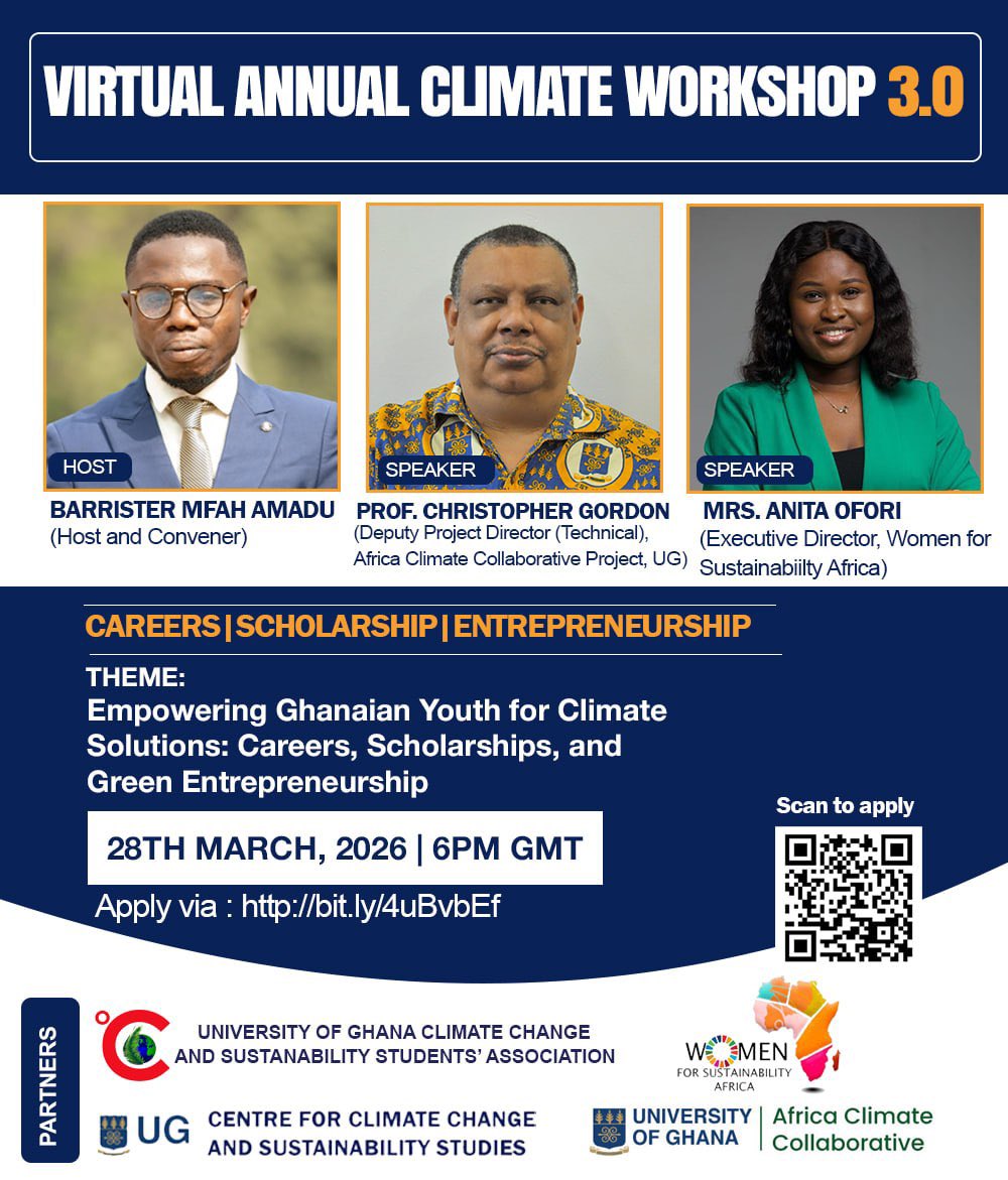 ug_ccssa's tweet photo. Join us online on 28th March 2026 at 6 PM GMT for an empowering session on climate conversation for Ghanaian Youth on how they can join the fight against climate change through Careers, Scholarships, and Green Entrepreneurship. 

Session one: Presentation on Scholarship and https://t.co/e2H8gcTbgs