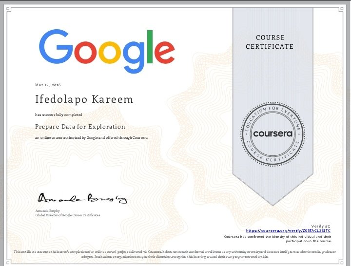 IfedolapoKareem's tweet photo. Another milestone unlocked 🎉

I’ve successfully completed Course 3 of the Google Data Analytics Professional Certificate 📊

Each step is bringing me closer to becoming a skilled data analyst, and I’m proud of this progress. 

#DataAnalytics #GoogleDataAnalytics #WomenInTech https://t.co/Zj9LRlUU4u