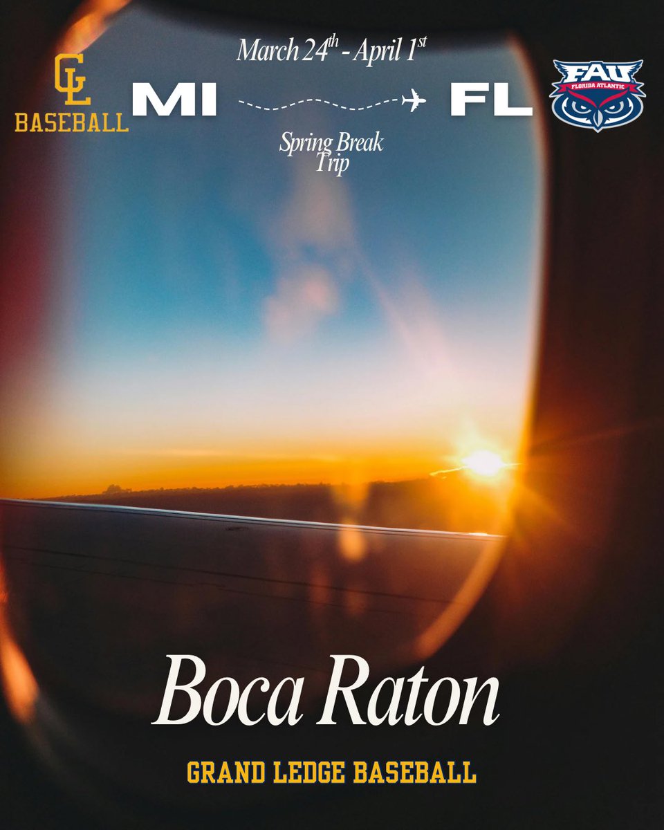 BASEBALLGL's tweet photo. MI ✈️ FL @FloridaAtlantic 

Boca Bound 🦉
#GrandLedgeBaseball https://t.co/h6d7mepBi7