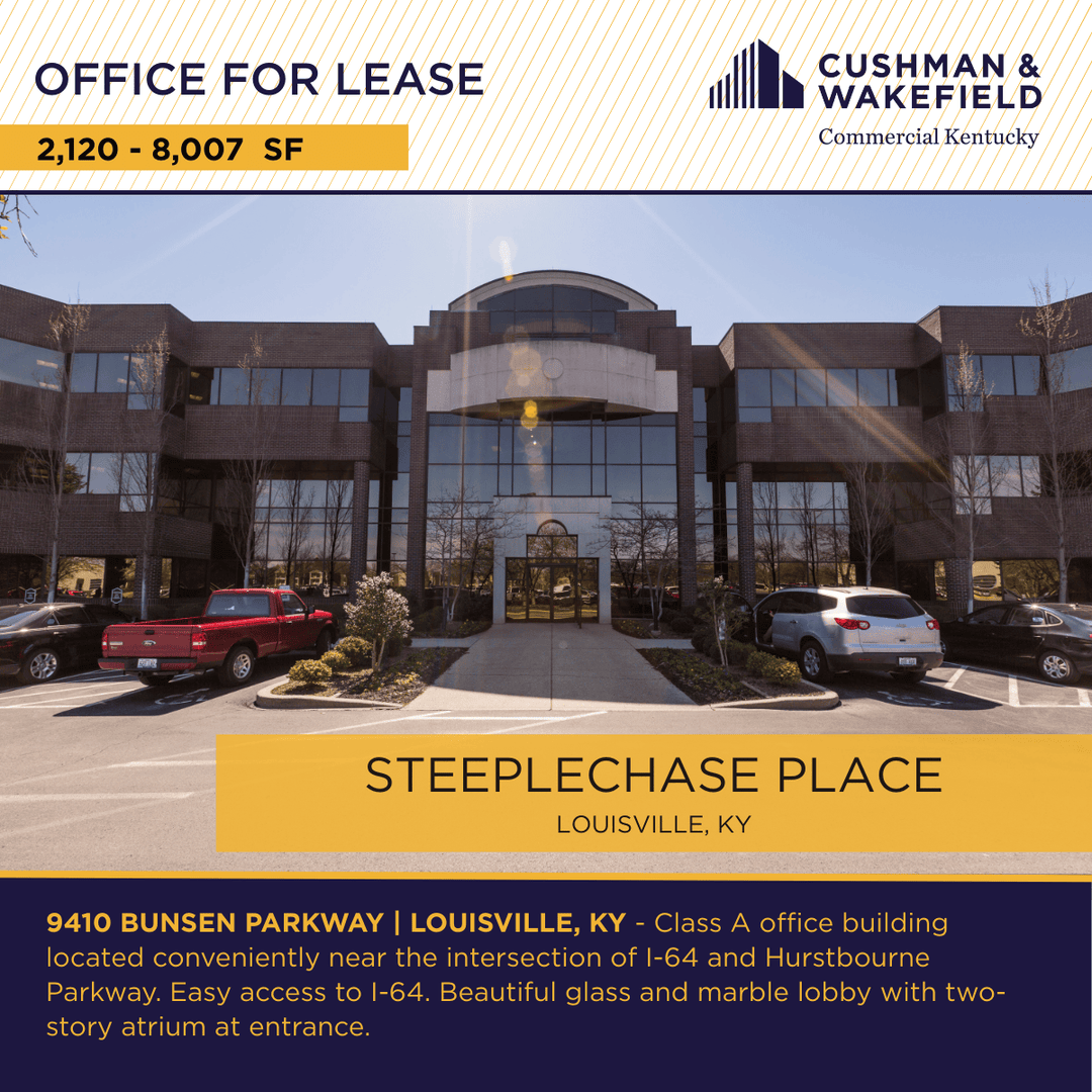 Steeplechase Place – 9410 Bunsen Parkway | #OfficeRealEstate for #Lease
Class A office building | Close access to I-64 | Beautiful glass and marble lobby
Contact Brent Boland or Brent Dolen, SIOR, CCIM for more information at 502-589-5150! #CRE
commercialkentucky.com/property-detai…