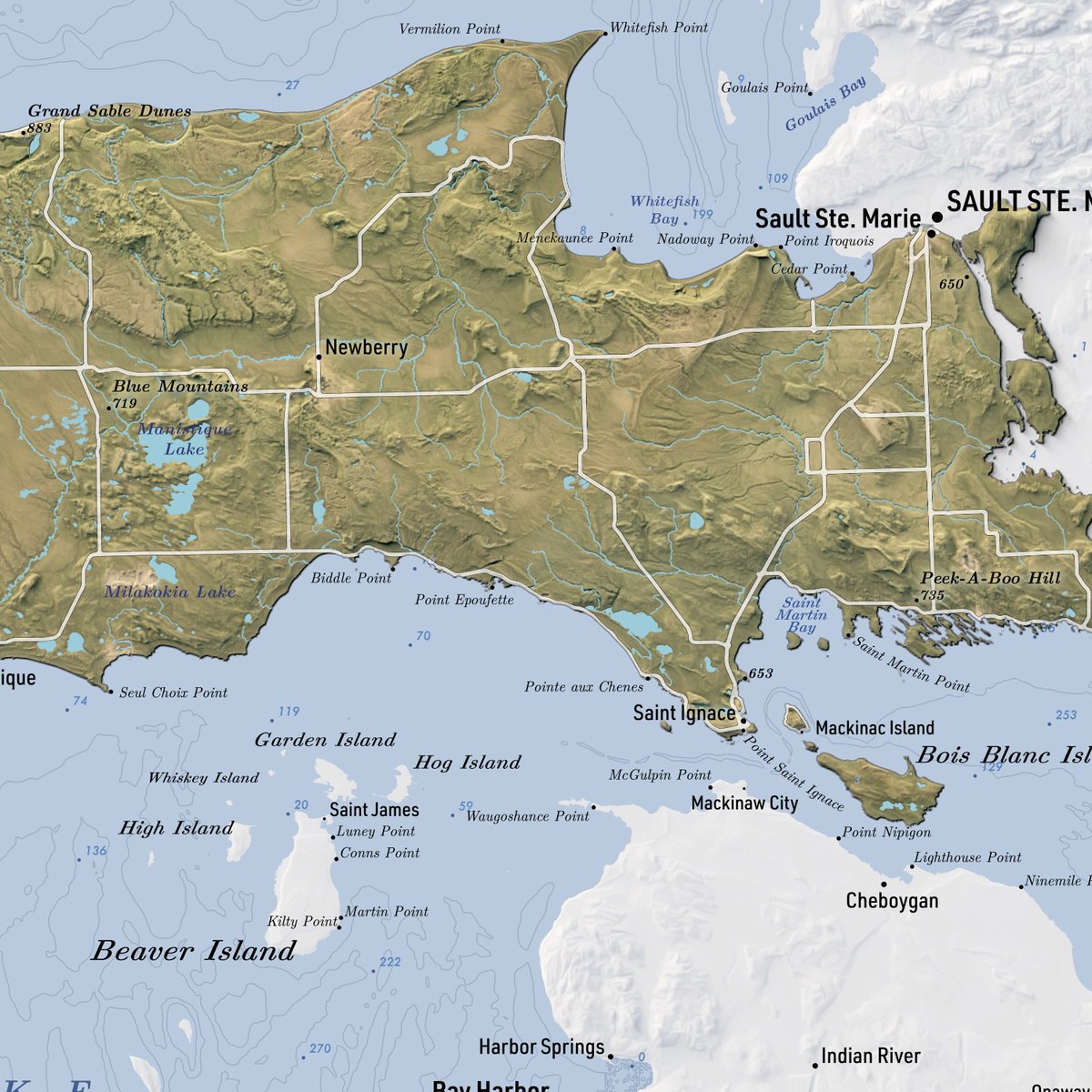 verygoodmaps's tweet photo. Todays hobby map is Upper Peninsula, Michigan. I wonder how many people around Hancock/Houghton can still speak Finnish. 
Tools: QGIS, Blender, Photoshop, Affinity.

#Michigan #USA #GIS https://t.co/hAUsElDRjE