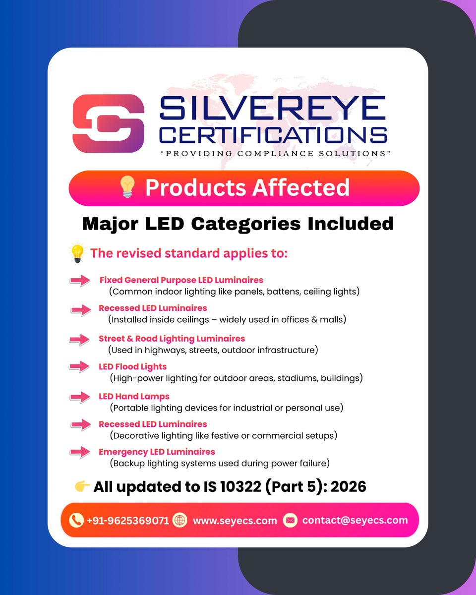 Official_seyecs's tweet image. 🚨 BIS Update 2026: LED Standards Revised 💡
IS 10322:2026 brings new safety rules &amp;amp; deadlines (02 Aug 2026).
Stay compliant with Silvereye Certifications ✅

📞 9625369071
🌐 seyecs.com

#BISUpdate #LEDLighting #Compliance