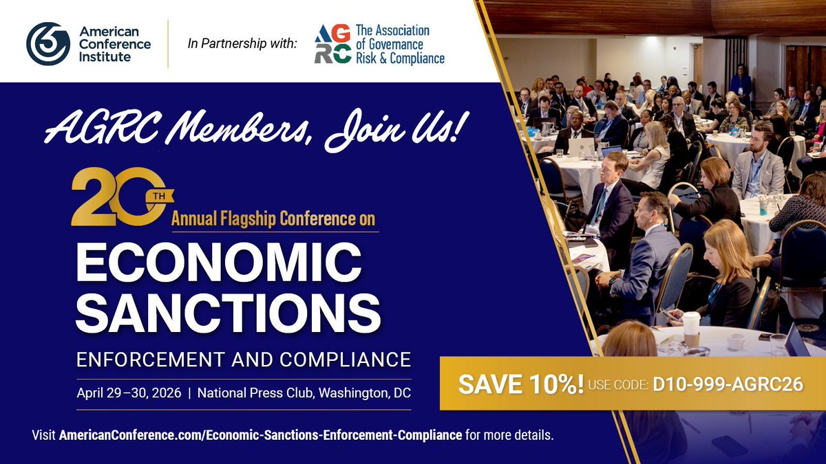 AGRCOrg's tweet photo. There’s still time to register for ACI's 20th Annual Flagship Conference on #EconomicSanctions Enforcement and Compliance on April 29-30, in DC!
Save 10% w/ code: D10-999-AGRC26
Register today: https://t.co/DRhjC1djjM https://t.co/ok5BVDYPKC