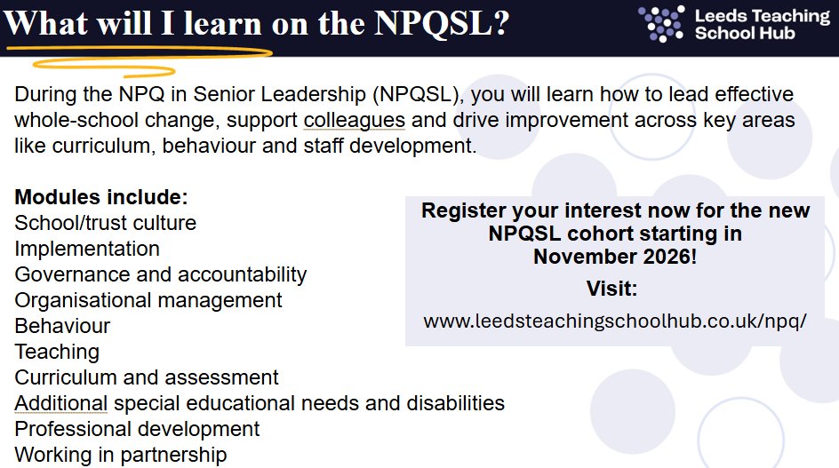 LeedsTSH's tweet photo. Are you a current or aspiring senior leader? 🧑‍🏫

Join the next NPQSL cohort in 2026-2027 and visit https://t.co/uUrCMyyHWc to register your interest.

#LTSH #NPQs #NPQSL #Leader #Teaching https://t.co/QhmoXEwPUw