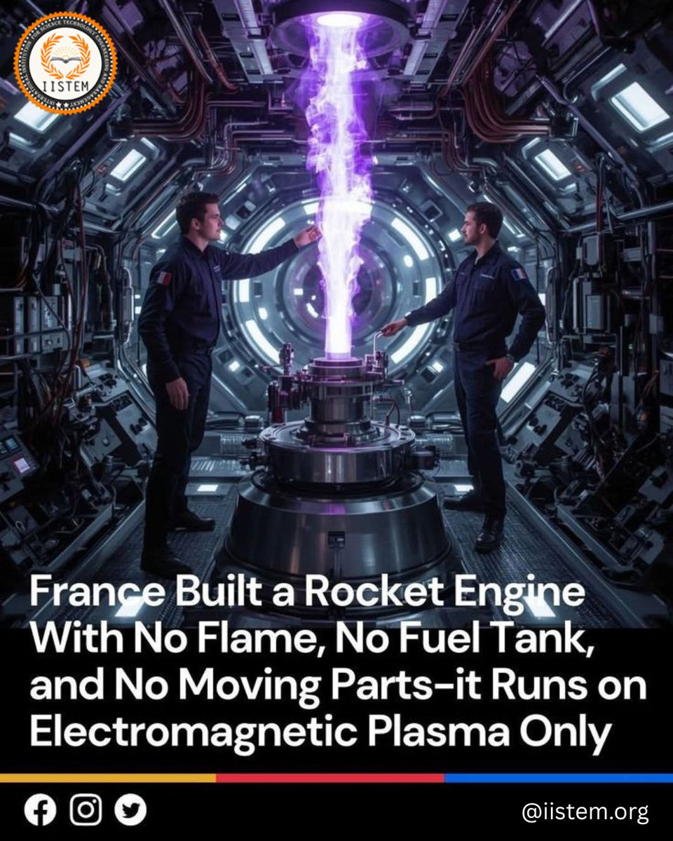IISTEM1's tweet photo. 🚀 France unveils a revolutionary rocket engine—no flame, no fuel tank, no moving parts ⚡

Powered purely by electromagnetic plasma, this could reshape the future of space travel 🌌

#IISTEM #SpaceTech #Innovation #Science #Future https://t.co/rRfJfxBCdE