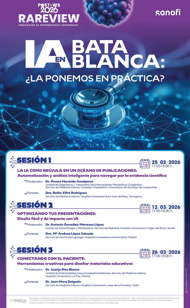 RarasReales's tweet photo. Este #Rareview26 ponemos en práctica la #InteligenciaArtificial. Por ejemplo, para diseñar materiales educativos.

💻 🥼 3ª Sesión “La IA en bata blanca”. 📅 26 de Marzo. 🕔 17:00-18:00 h.

"Herramientas creativas para conectar con el paciente". Presenta el Dr. Juan Mora Delgado @drmoradelgado #MedicinaInterna. H.U. Jerez de la Frontera, #Cádiz. Modera el Dr. Juanjo Ríos Blanco @JJRiosBlanco, Medicina Interna del H.U. La Paz, Madrid.

✍️ Acceso y registro previo en 👉https://t.co/8uIpKFBC79
