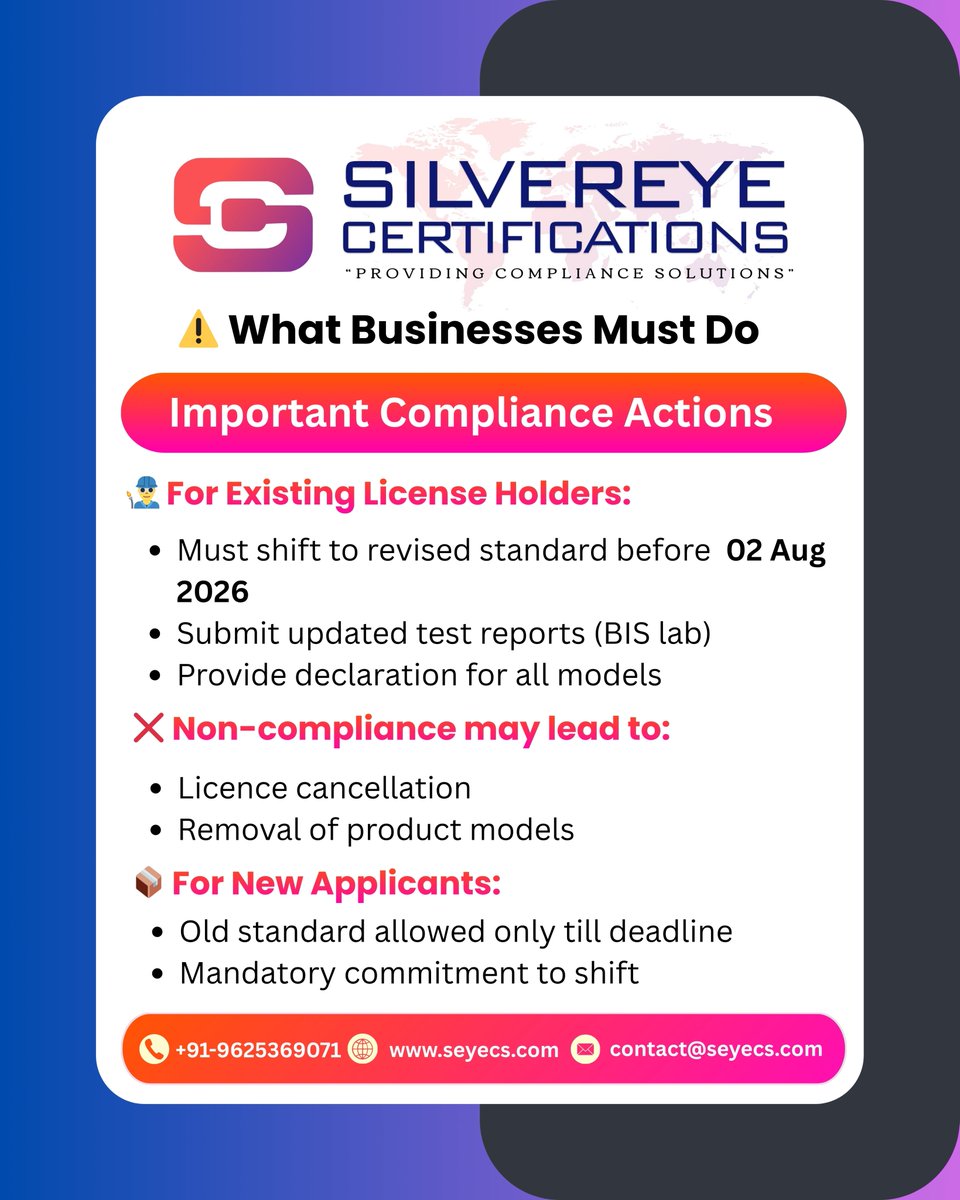 Official_seyecs's tweet image. 🚨 BIS Update 2026: LED Standards Revised 💡
IS 10322:2026 brings new safety rules &amp;amp; deadlines (02 Aug 2026).
Stay compliant with Silvereye Certifications ✅

📞 9625369071
🌐 seyecs.com

#BISUpdate #LEDLighting #Compliance