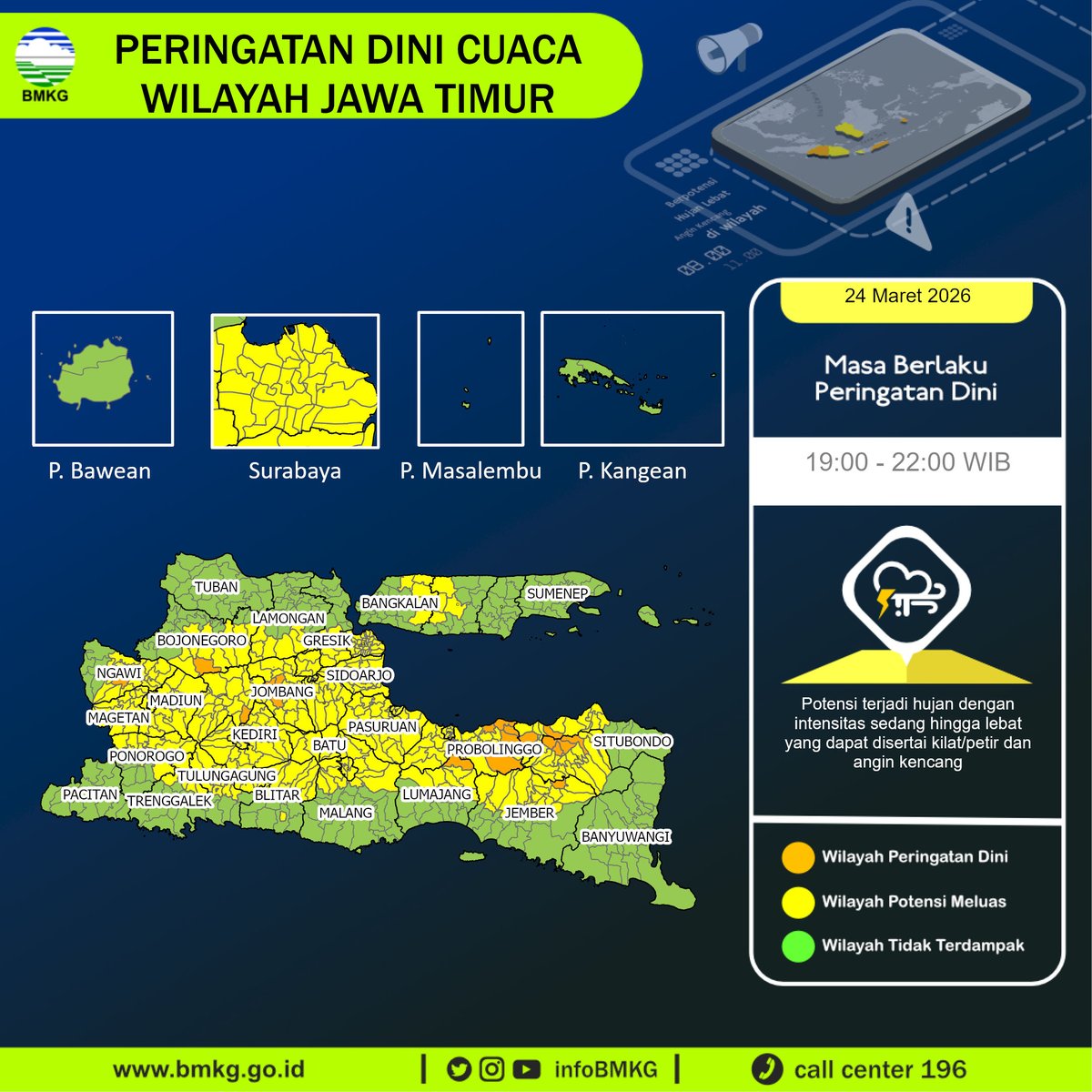 infoBMKG's tweet photo. Update Peringatan Dini Cuaca Wilayah - Jawa Timur Tgl. 24 Maret 2026 pkl. 19:00 WIB
Prakirawan - BMKG - Jawa Timur
https://t.co/yZjChYnx4C https://t.co/H1ji6FNrGD