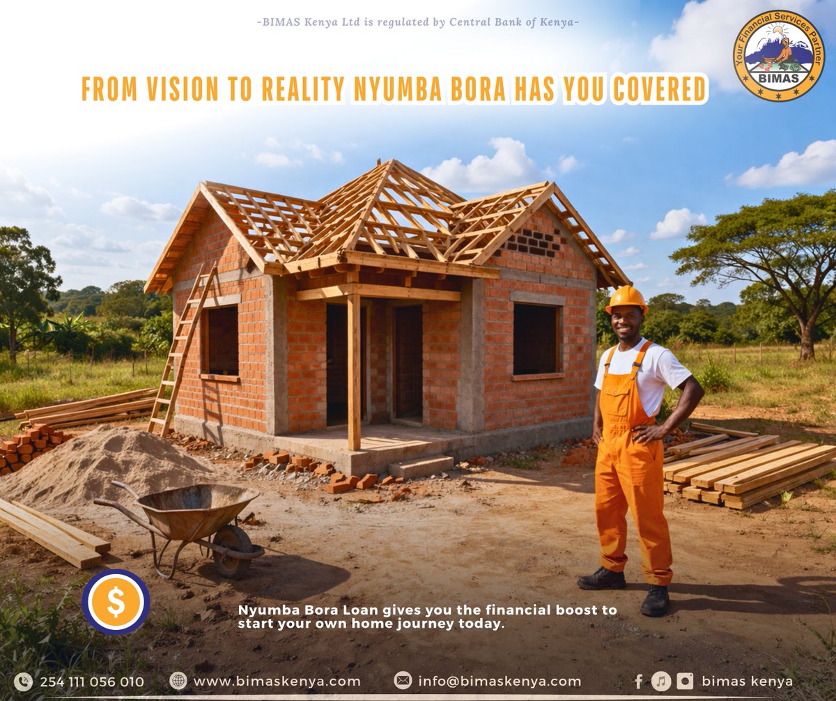 bimas_kenya's tweet image. Nyumba Bora Loan helps you move from “one day” to “today” — whether you’re building, finishing, or upgrading your home. 

Visit your nearest BIMAS Microfinance branch today and let’s build your future together!

#BIMASMicrofinance #NyumbaBora #JengaNyumba #HomeOwnership
