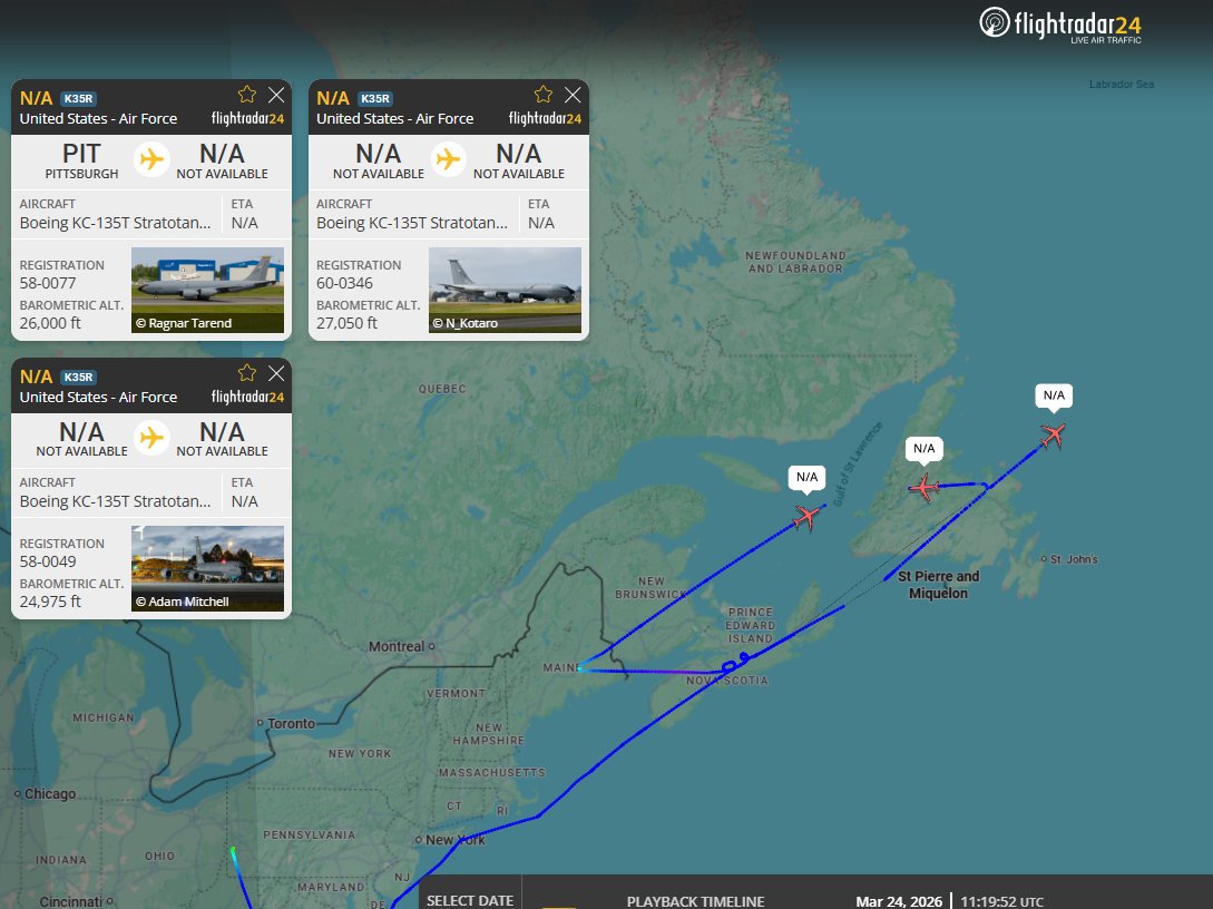 AUX_OSINT's tweet photo. Similar to yesterday, 3x KC-135R/T likely moving 3x fighters from CONUS to EUCOM

These could be “VMFA-311” F-35C from MCAS Cherry Point (KNKT) like yesterday, but based on the pick up point and not a flight of 5, I don't think so.

#AE035E – 58-0077 – BOBBY41 (Out of KPIT)
#AE0650 – 58-0049 – BOBBY42 (Out of KBGR)
#AE065F – 60-0346 – BOBBY43 (Out of KBGR)