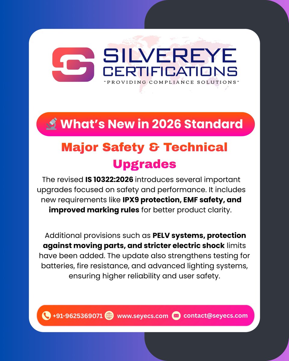 Official_seyecs's tweet image. 🚨 BIS Update 2026: LED Standards Revised 💡
IS 10322:2026 brings new safety rules &amp;amp; deadlines (02 Aug 2026).
Stay compliant with Silvereye Certifications ✅

📞 9625369071
🌐 seyecs.com

#BISUpdate #LEDLighting #Compliance