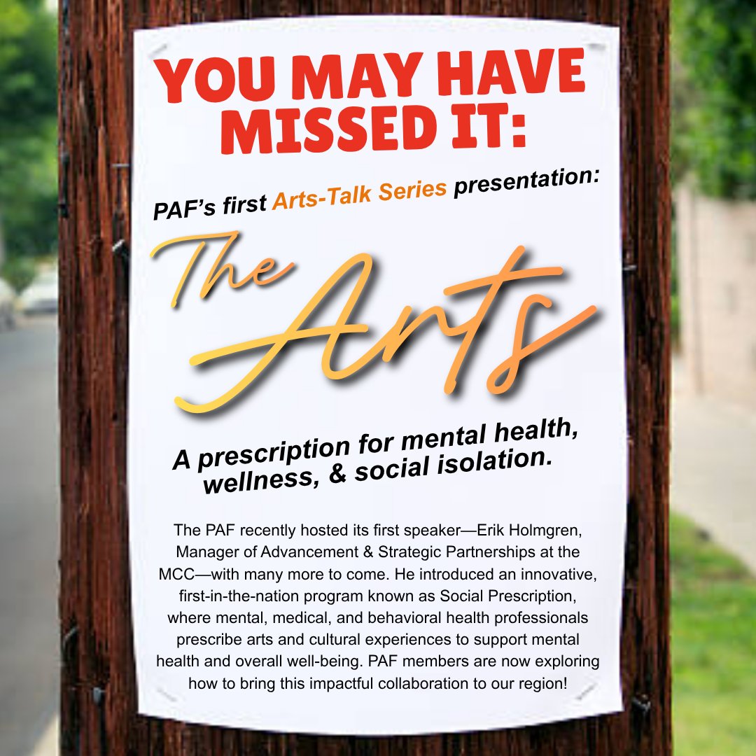 ArtsPentucket's tweet photo. Missed our latest program?

We recently hosted our first Arts-Talk Series guest speaker, Erik Holmgren. He introduced an innovative program known as Social Prescription, where mental health professionals prescribe arts experiences to support mental health &amp; overall well-being. https://t.co/apsjqwJLoO