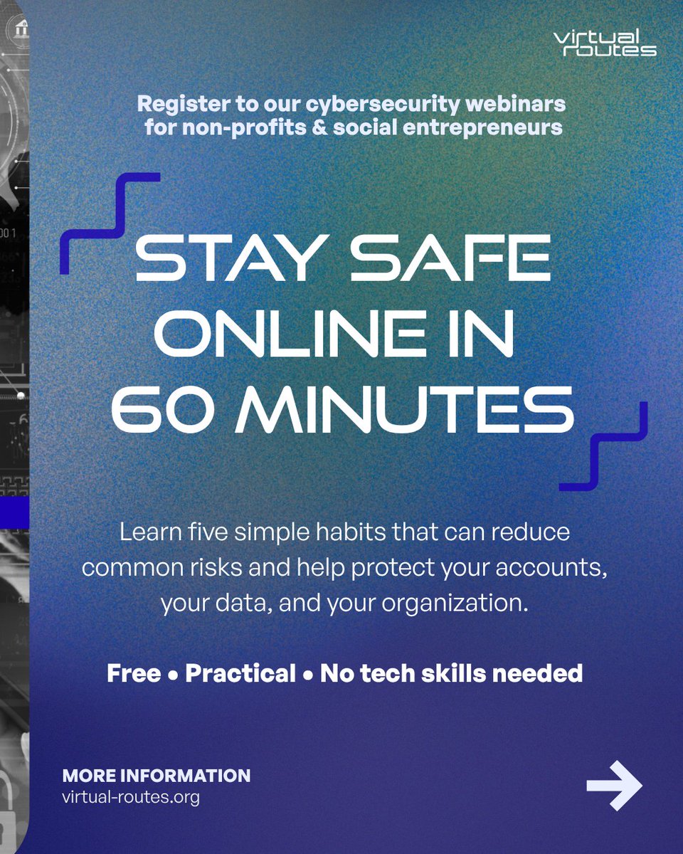 VirtualRoutes's tweet image. Staying safe online starts with simple habits.🔐
Join our free #cybersecurity webinars &amp;amp; learn 5 habits that can improve digital security for organizations.

The sessions will be delivered in English, Spanish, &amp;amp; Italian. Save the dates!

#NGO #DigitalSkills #CyberAwareness