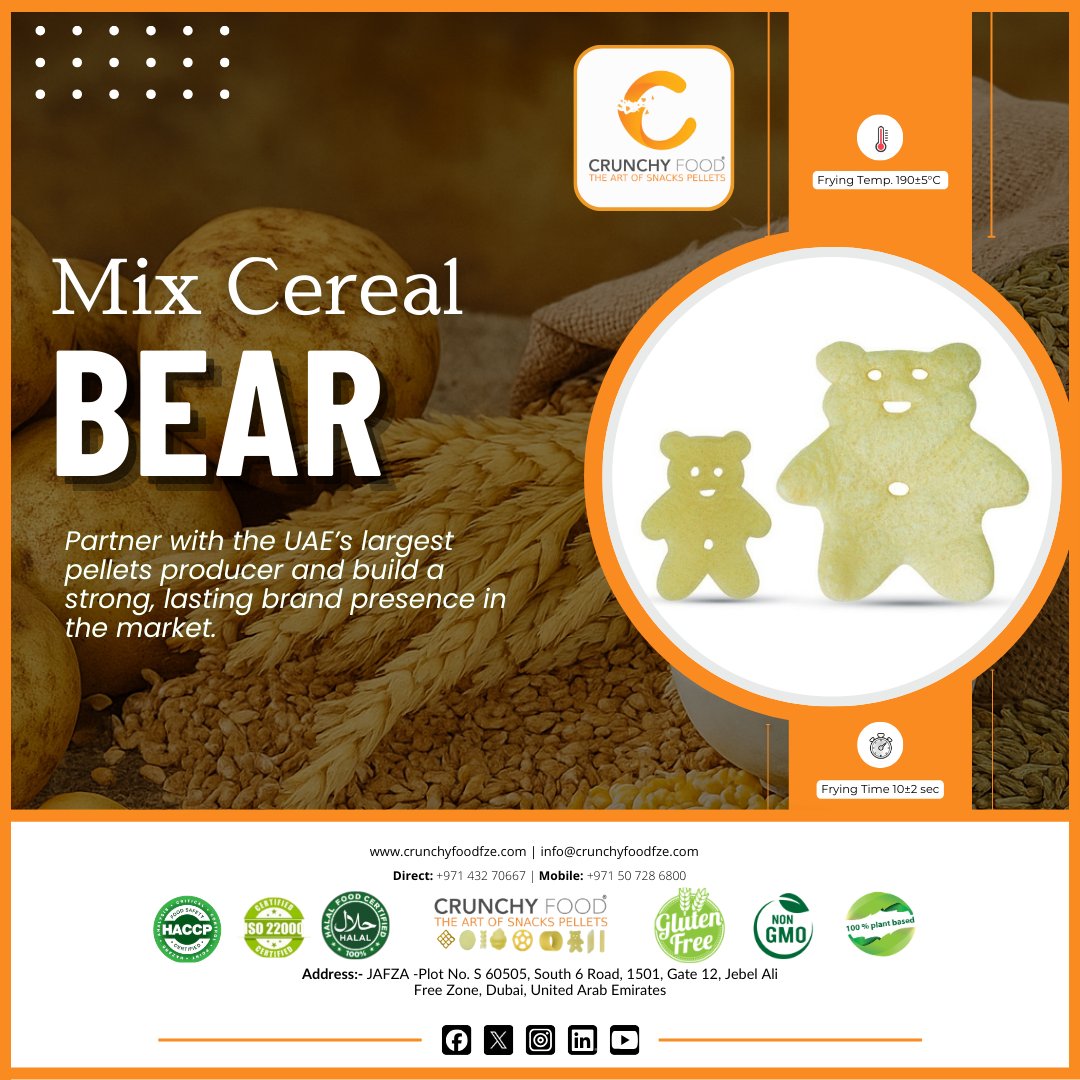 CrunchyFoodFze's tweet photo. 🐻 A Shape That Sparks Smiles!

At #CrunchyFoodFZE, bear-shaped cereal blends precision with fun. Made with advanced European technology, it holds its shape baked or fried and delivers a consistent, satisfying crunch.

🌐 https://t.co/EWCQohTd0m

#mixcerealbear #snackpellets https://t.co/SAtA2bL30N