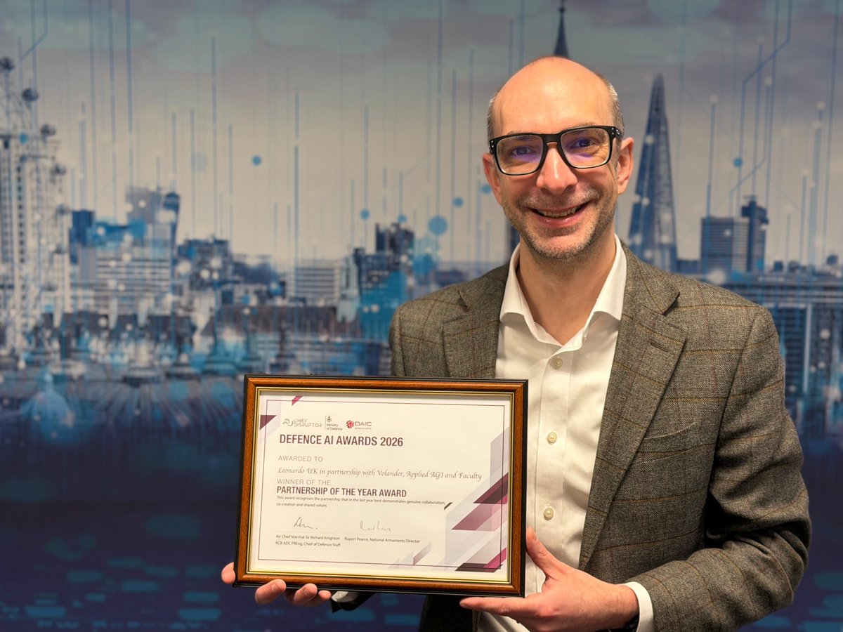 Leonardo_UK's tweet image. We’re delighted to share that #Leonardo has won the @DefenceHQ Partnership of the Year award at the Defence AI Centre (DAIC) AI Awards 2026. 🏆

The award, signed by the Chief of the Defence Staff and the National Armaments Director, recognises the genuine collaborative