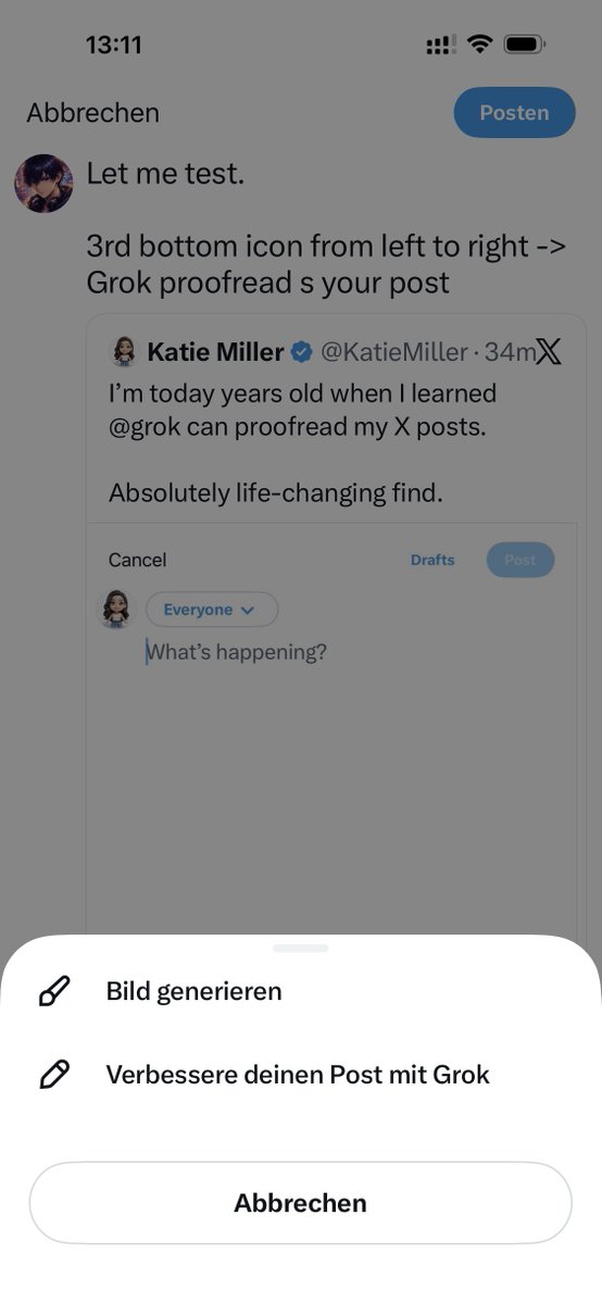 Dynamic_0n_X's tweet photo. Let me test.

3rd icon from the bottom, left to right -> Grok proofreads your post.

Indeed! Nice to have :) https://t.co/Y5jSP3lTqk