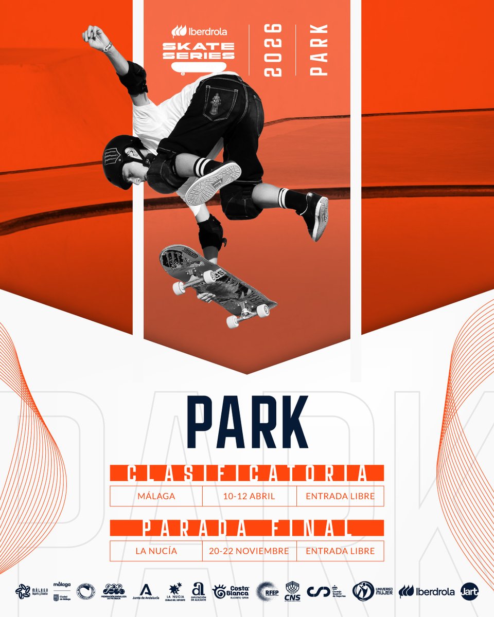 FedPatinaje's tweet image. La temporada 2026 de Park ya está aquí 🚨

Estas serán las dos paradas del circuito de las @iberdrola Skate Series:
📍 10–12 abril — Skatepark Rubén Alcántara, Málaga
📍 20–22 noviembre — Skatepark La Nucía, La Nucía

#Skateboarding