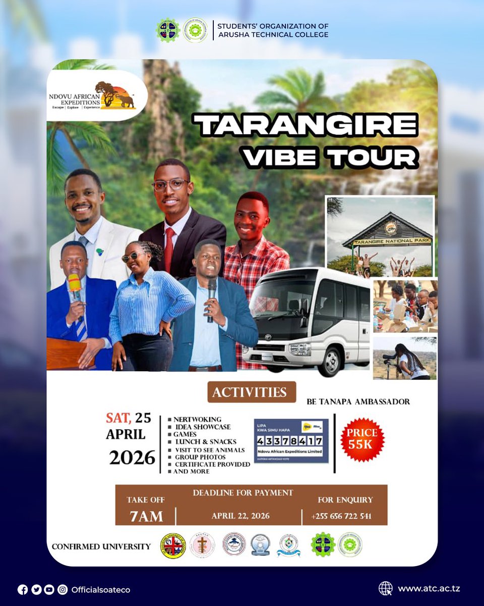 🎓 Students, this is YOUR trip!

Escape the routine and experience the wild beauty of Tarangire National Park 🌿🐘

From networking to games, food, and unforgettable memories - we’ve got everything covered!

🗓 April 25, 2026
💸 55,000 TZS only

Let’s vibe, connect