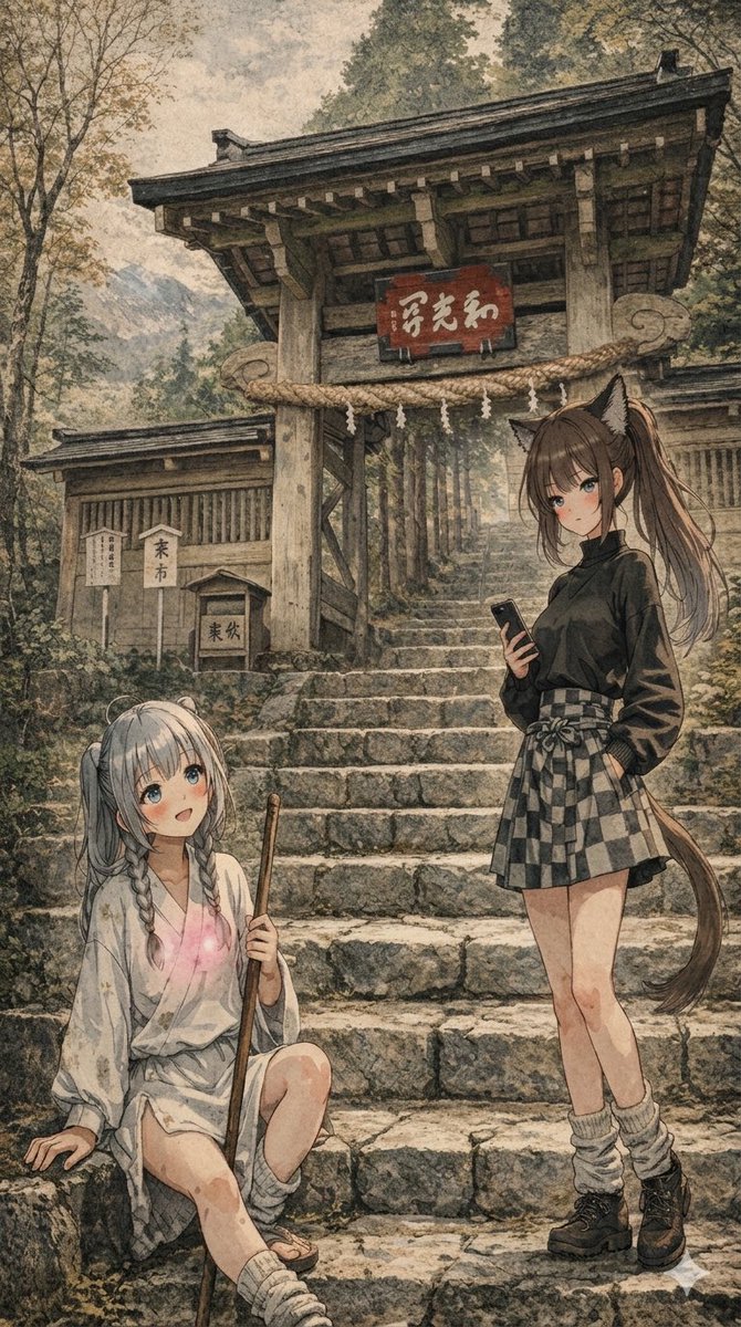 #九人九色展

七面山、和光門。
あと少しで“辿り着く”はずだった。

なのに——

👧ミロクちゃん
「かたじけない…もう少しじゃ…」

👩亜依ちゃん
「にゃ（ほんまあとちょいやで）」

——その瞬間。

👩チートイちゃん
「先輩ぃぃ助けてくださいよぉぉ！！」

💥ドンッ

👩亜依ちゃん
「は？」