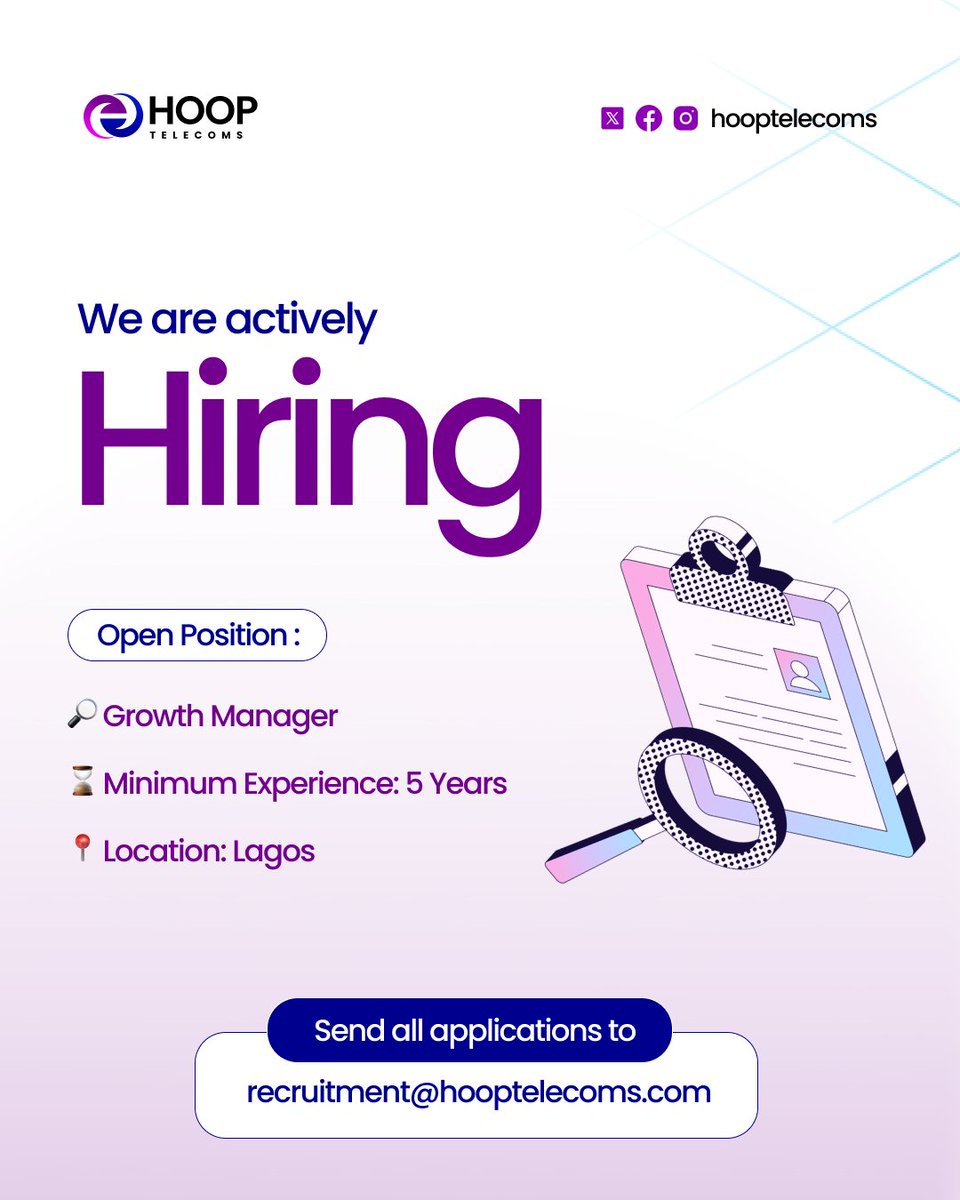 TelecomsHoop's tweet photo. We are hiring a Growth Manager to drive enterprise acquisition and market expansion across Nigeria's most ambitious connectivity network.

📩 Send your application to recruitment@hooptelecoms.com https://t.co/sLDU0g5xtf