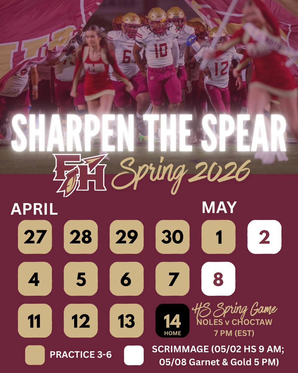 fhtdclub's tweet photo. 𝙃𝙀𝙍𝙀 𝙒𝙀 𝙂𝙊…Our Varsity, JV, and Middle School squads kick off spring camp on April 27, with an opportunity to Stack the Shack at our Garnet &amp; Gold scrimmage on May 8 before hosting Choctaw on 5/14 for our Spring game. Mark your calendars now! GO NOLES!! 🏈🍢 https://t.co/n3q8vF9vK7