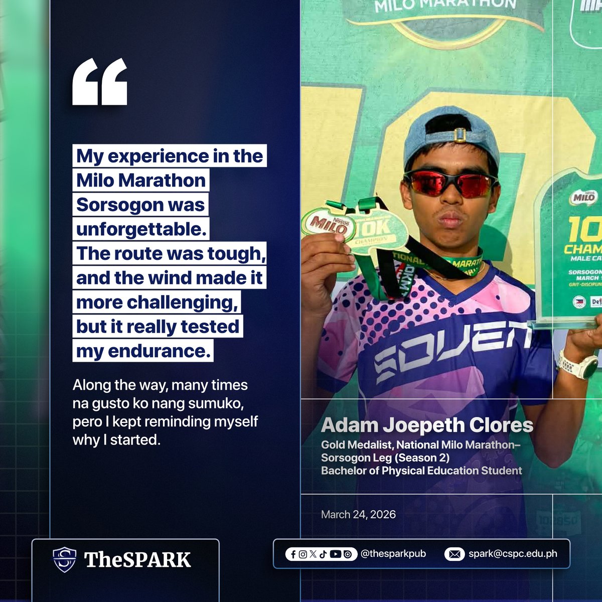 thesparkpub's tweet photo. Just six months after clinching multiple marathon championships, Adam Joepeth Clores's momentum remains unscathed after bagging a gold medal in the National Milo Marathon–Sorsogon Leg (Season 2) at Balogo Sports Complex, Sorsogon City, March 15. https://t.co/oReDdGtH4j