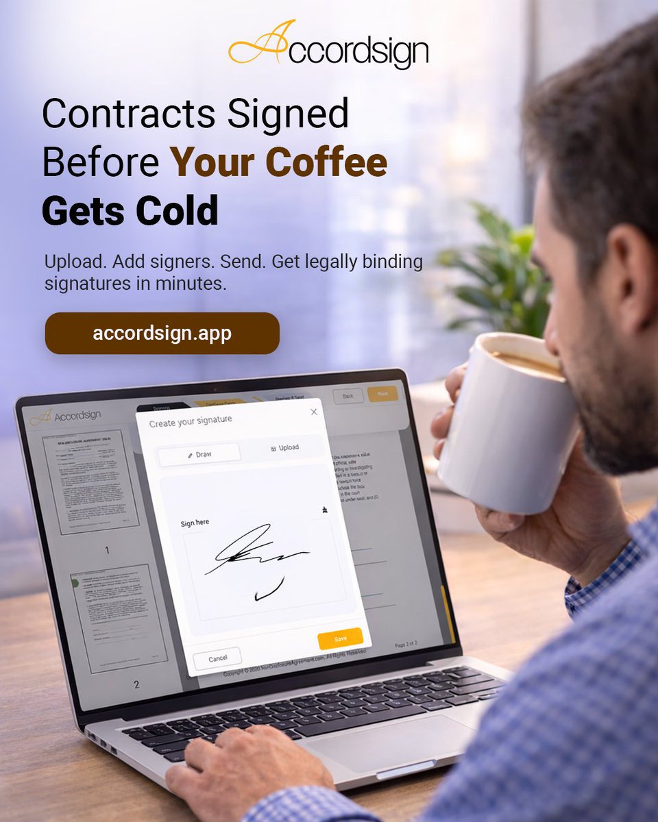 SeedDataSystems's tweet image. Contracts signed before your coffee gets cold ☕
Upload. Send. Sign.
 All in minutes with Accordsign.
Start now 👉 accordsign.app
#Accordsign #eSignature #SaaS #eSignature